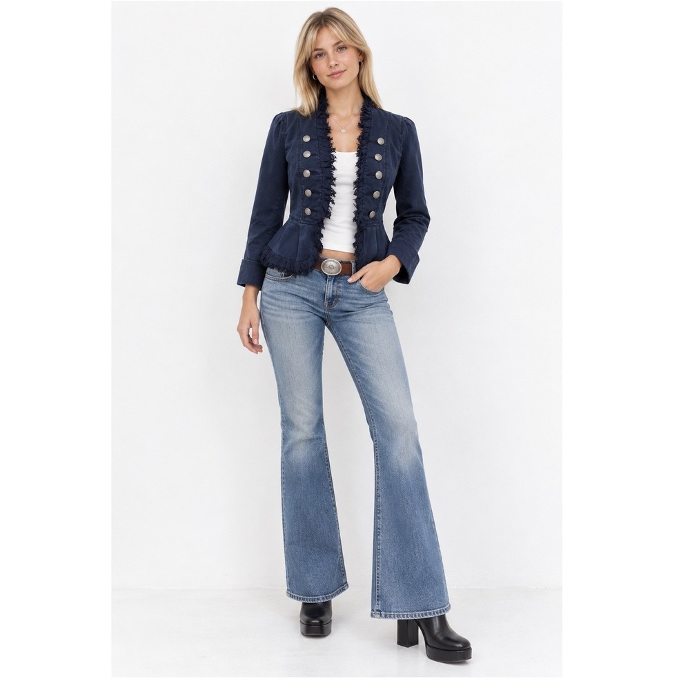 Ann Taylor LOFT Military Jacket Size 0 Navy Blue Fringed Peplum Blazer